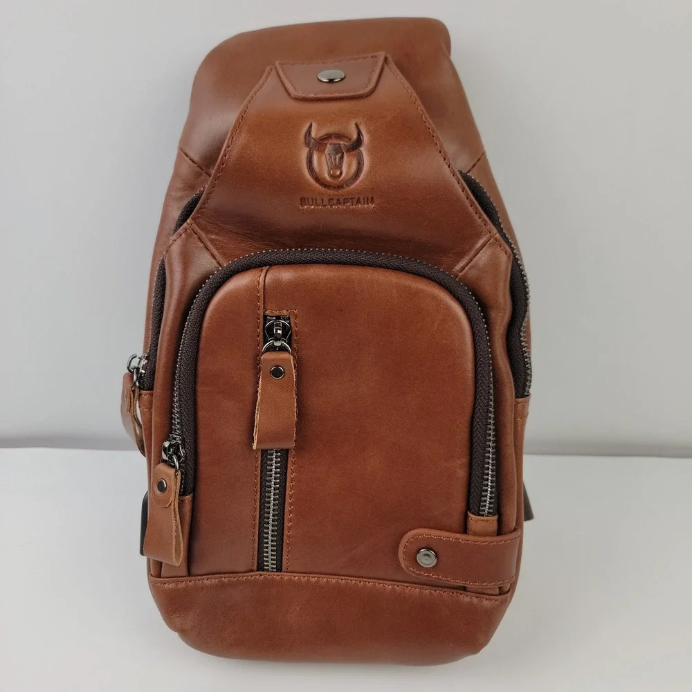 Bullcaptain Mens Brown Leather Sling Bag Crossbody Backpack with USB Port